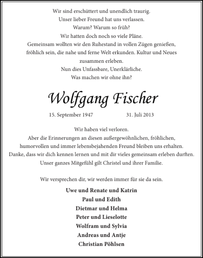  Traueranzeige für Wolfgang Fischer vom 07.08.2013 aus Stormarner Tageblatt