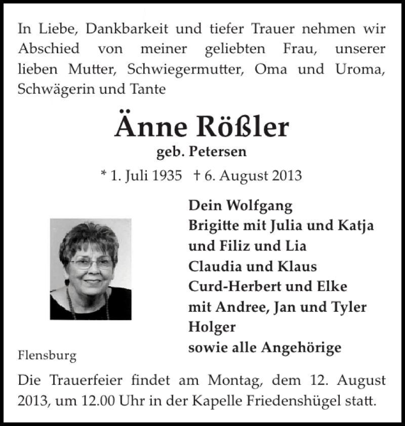  Traueranzeige für Änne Rößler vom 08.08.2013 aus Flensburger Tageblatt