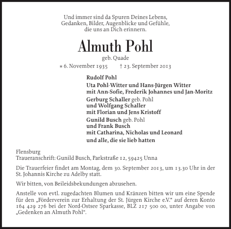  Traueranzeige für Almuth Pohl vom 25.09.2013 aus Flensburger Tageblatt