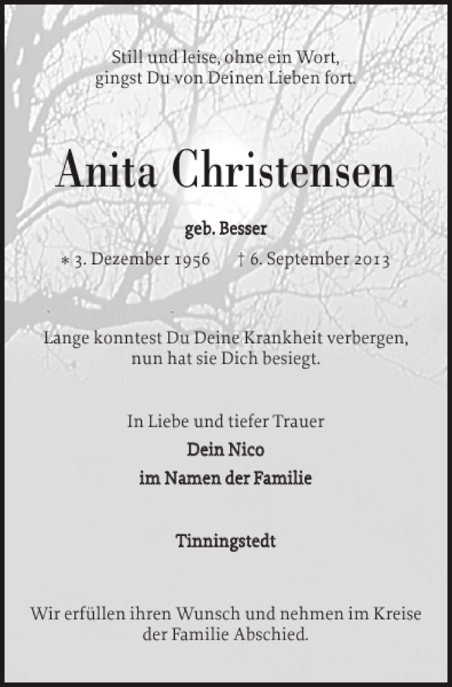  Traueranzeige für Anita Christensen vom 10.09.2013 aus Nordfriesland Tageblatt