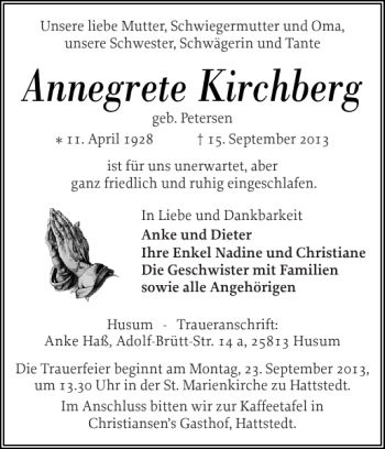Traueranzeige von Annegrete Kirchberg von Husumer Nachrichten