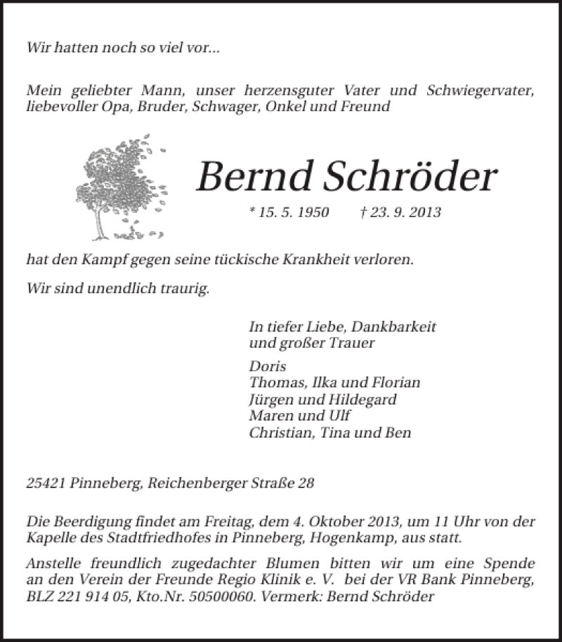  Traueranzeige für Bernd Schröder vom 28.09.2013 aus Pinneberger Tageblatt