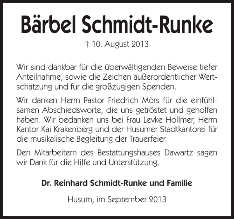  Traueranzeige für Bärbel Schmidt-Runke vom 14.09.2013 aus Flensburger Tageblatt