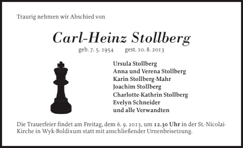  Traueranzeige für Carl-Heinz Stollberg vom 03.09.2013 aus Der Insel-Bote