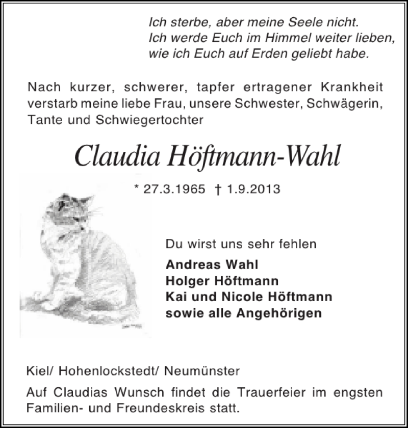  Traueranzeige für Claudia Höftmann-Wahl vom 07.09.2013 aus Holsteinischer Courier