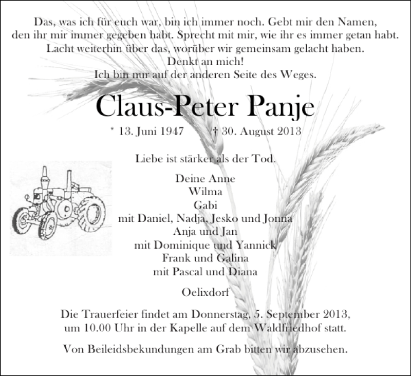  Traueranzeige für Claus-Peter Panje vom 04.09.2013 aus Norddeutsche Rundschau