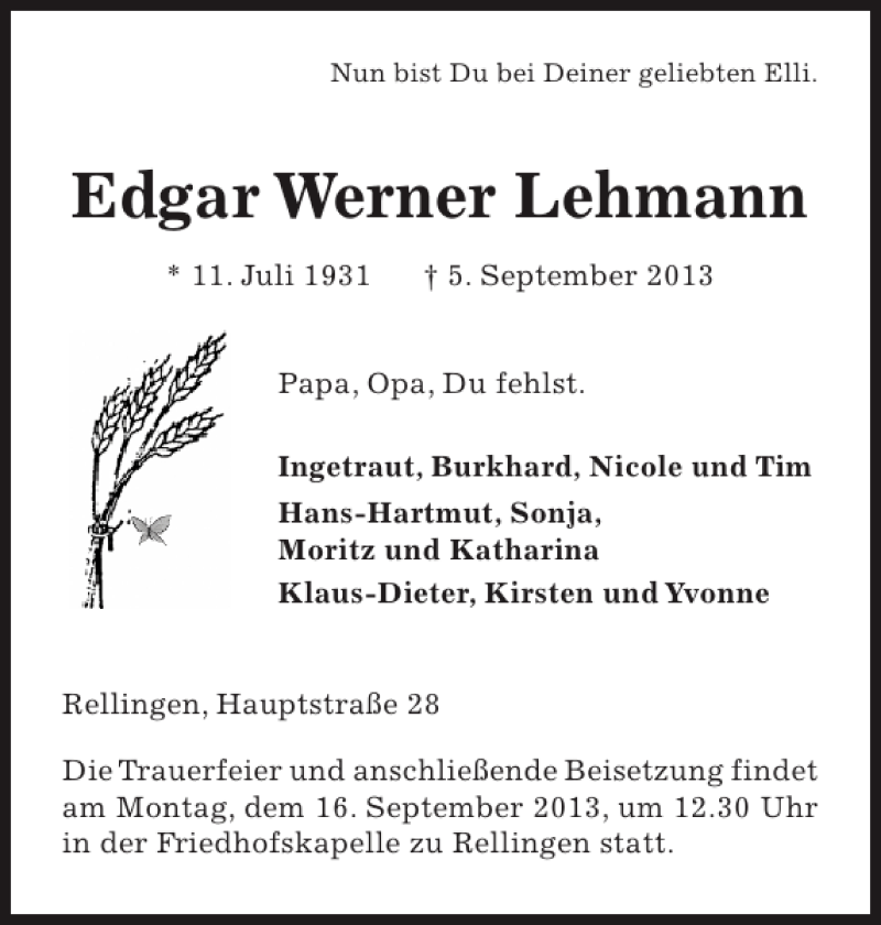 Traueranzeige für Edgar Werner Lehmann vom 12.09.2013 aus Pinneberger Tageblatt