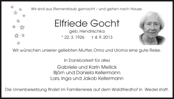 Traueranzeige von Elfriede Gocht von Pinneberger Tageblatt