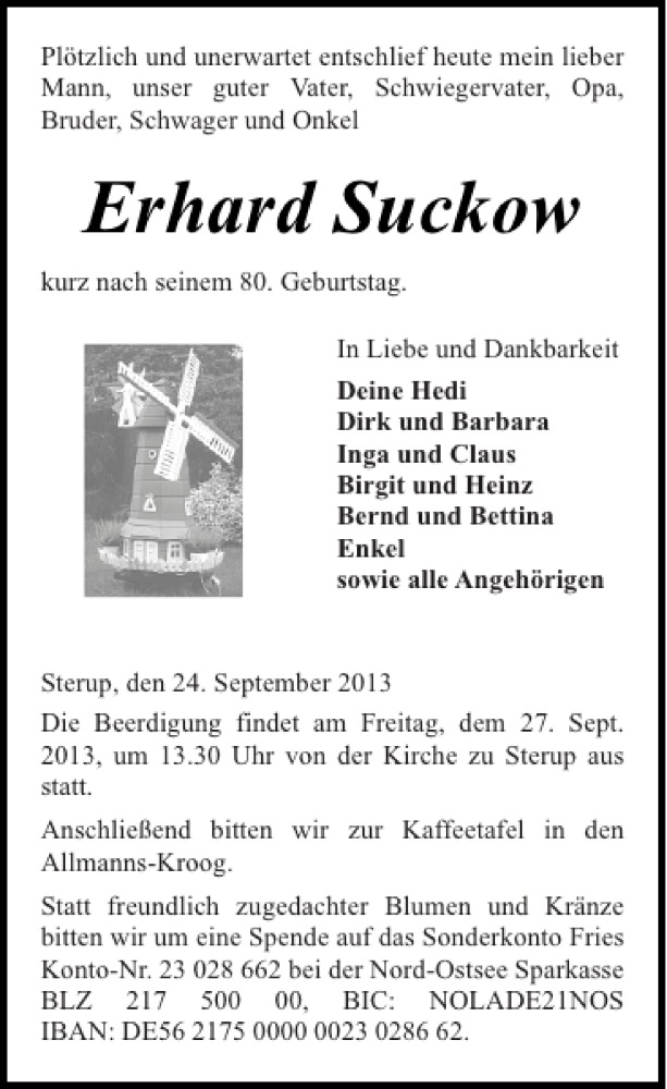  Traueranzeige für Erhard Suckow vom 25.09.2013 aus Flensburger Tageblatt