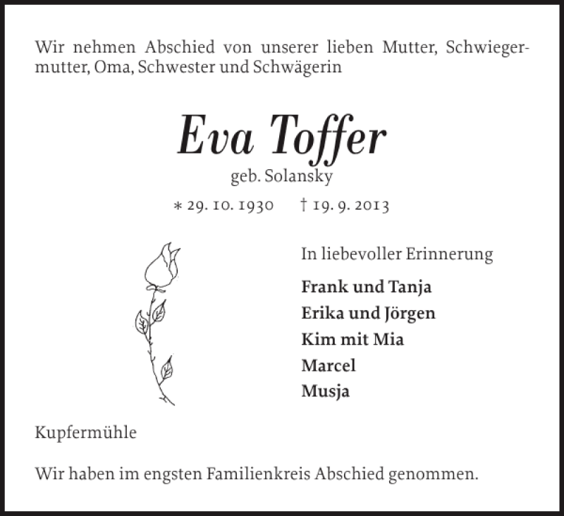  Traueranzeige für Eva Toffer vom 27.09.2013 aus Flensburger Tageblatt