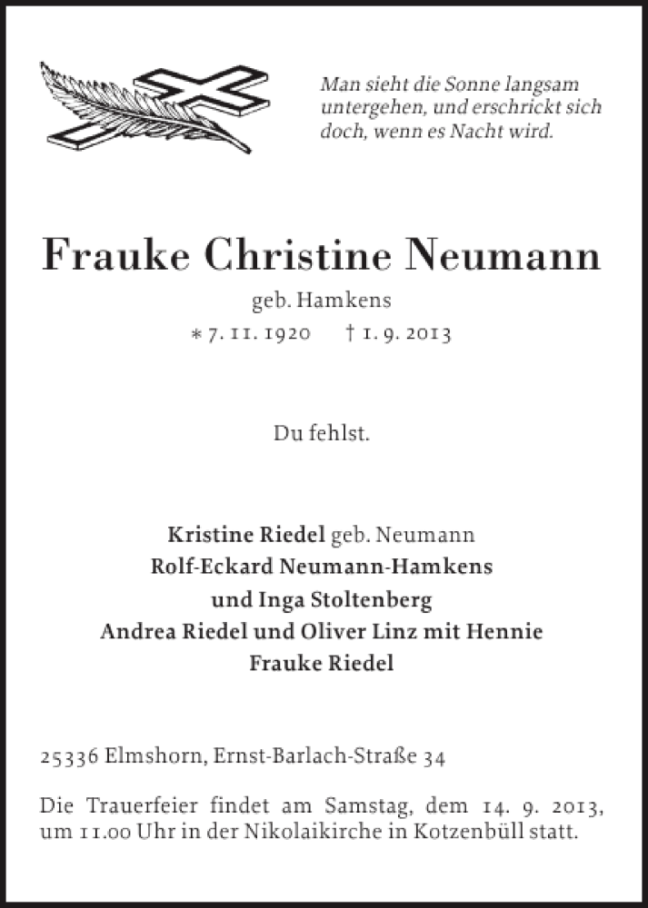  Traueranzeige für Frauke Christine Neumann vom 07.09.2013 aus Elmshorner Nachrichten