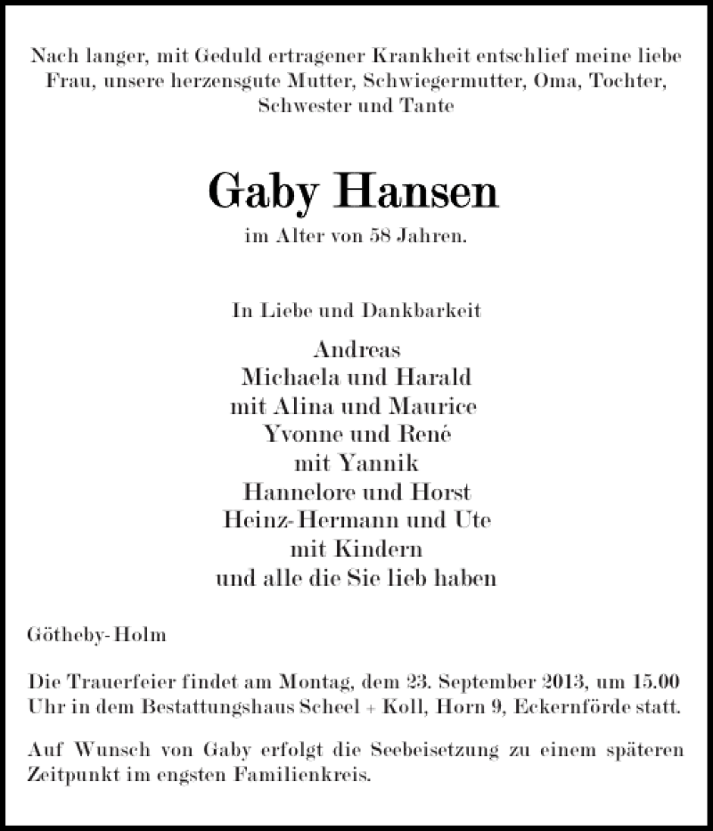  Traueranzeige für Gaby Hansen vom 20.09.2013 aus Eckernförder Zeitung