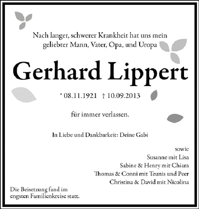  Traueranzeige für Gerhard Lippert vom 18.09.2013 aus Nordfriesland Tageblatt