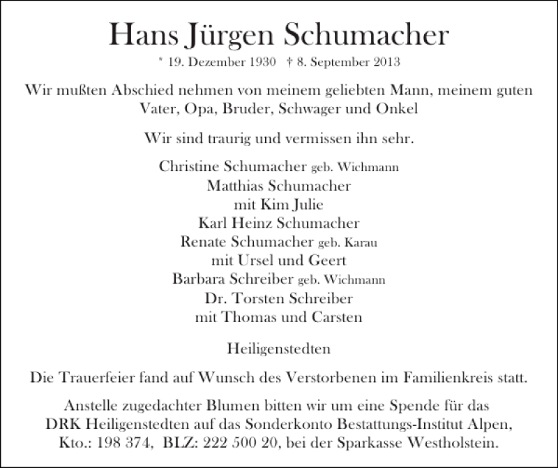  Traueranzeige für Hans Jürgen Schumacher vom 14.09.2013 aus Norddeutsche Rundschau