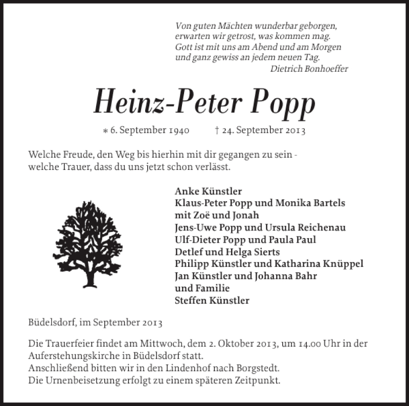  Traueranzeige für Heinz-Peter Popp vom 27.09.2013 aus Landeszeitung