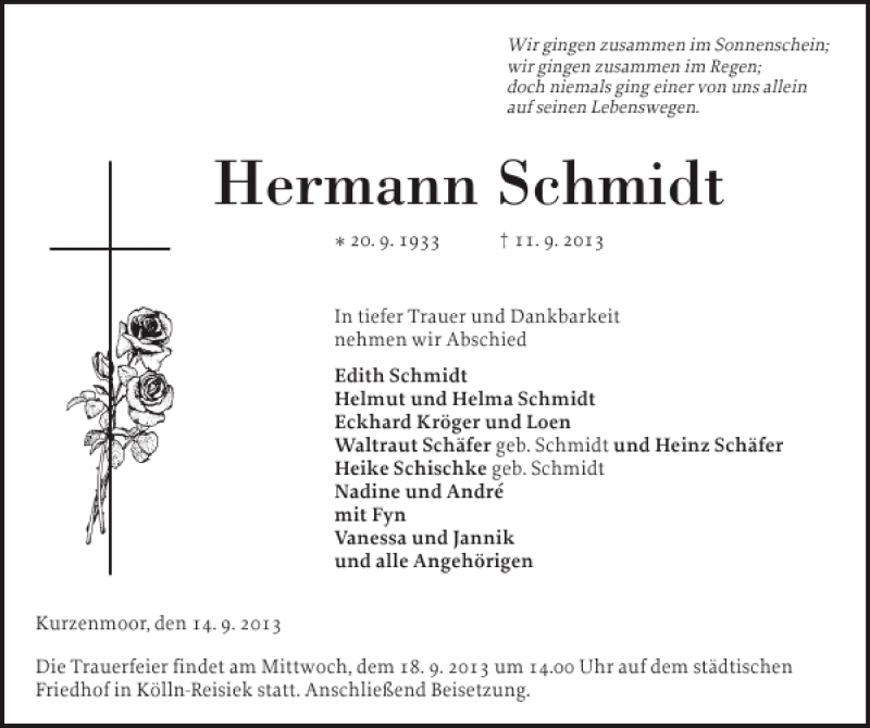  Traueranzeige für Hermann Schmidt vom 14.09.2013 aus Elmshorner Nachrichten