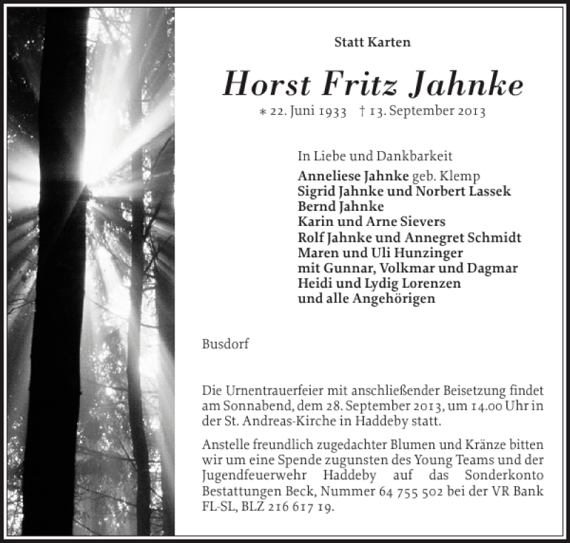  Traueranzeige für Horst Fritz Jahnke vom 17.09.2013 aus Schleswiger Nachrichten