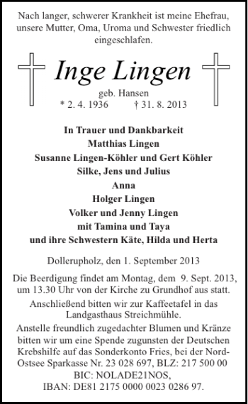 Traueranzeige von Inge Lingen von Flensburger Tageblatt
