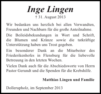 Traueranzeige von Inge Lingen von Flensburger Tageblatt