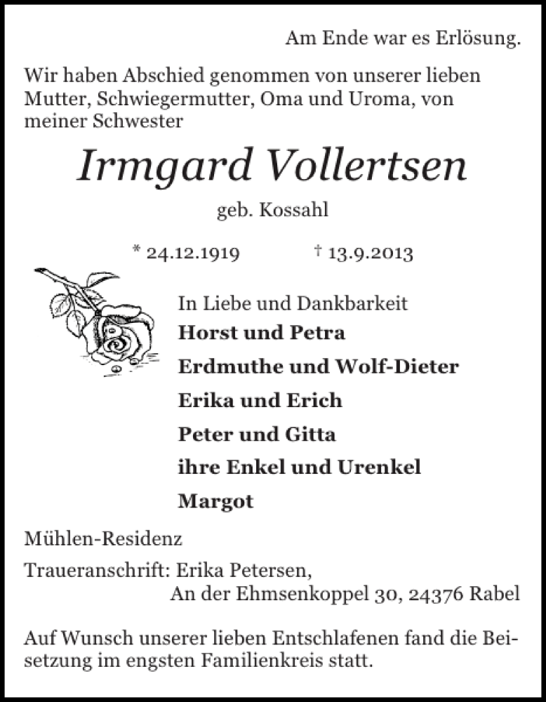 Traueranzeige für Irmgard Vollertsen vom 28.09.2013 aus Schlei-Bote
