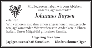 Traueranzeige von Johannes Boysen von Husumer Nachrichten