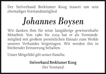 Traueranzeige von Johannes Boysen von Husumer Nachrichten