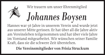 Traueranzeige von Johannes Boysen von Husumer Nachrichten
