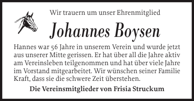  Traueranzeige für Johannes Boysen vom 03.09.2013 aus Husumer Nachrichten
