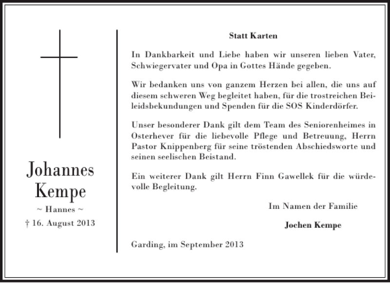  Traueranzeige für Johannes Kempe vom 07.09.2013 aus Husumer Nachrichten