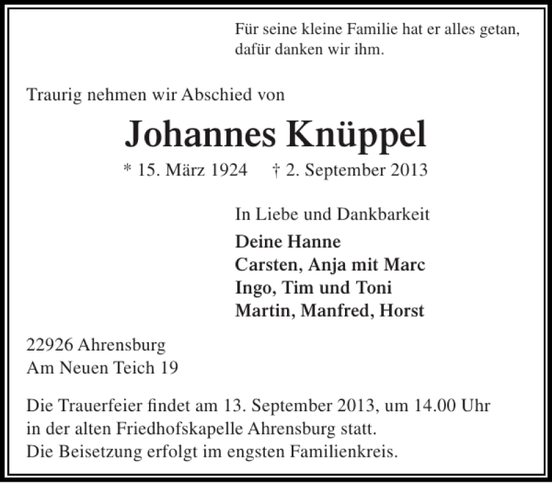  Traueranzeige für Johannes Knüppel vom 07.09.2013 aus Stormarner Tageblatt