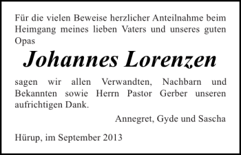 Traueranzeige von Johannes Lorenzen von Flensburger Tageblatt
