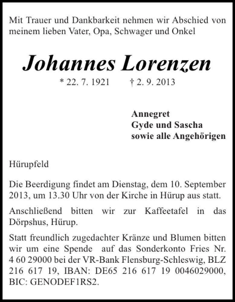  Traueranzeige für Johannes Lorenzen vom 04.09.2013 aus Flensburger Tageblatt