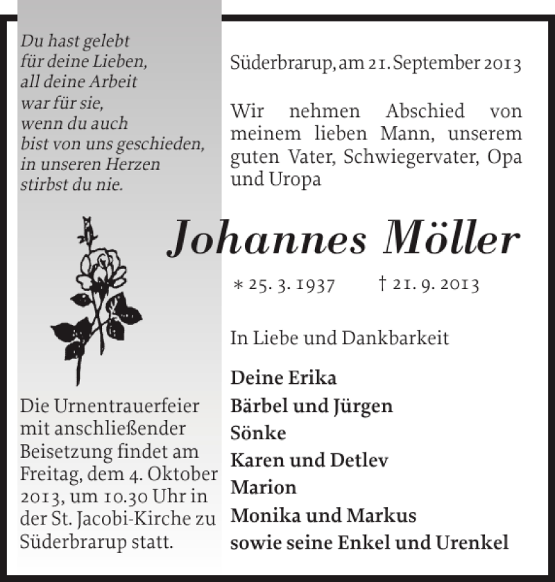  Traueranzeige für Johannes Möller vom 25.09.2013 aus Schleswiger Nachrichten