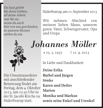 Traueranzeige von Johannes Möller von Schleswiger Nachrichten