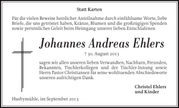 Traueranzeige von Johannes Andreas Ehlers von Flensburger Tageblatt