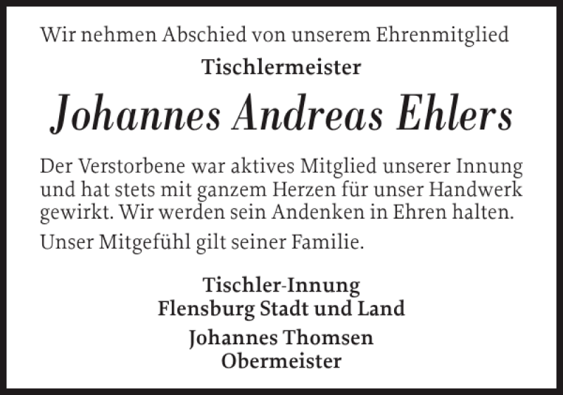  Traueranzeige für Johannes Andreas Ehlers vom 04.09.2013 aus Flensburger Tageblatt