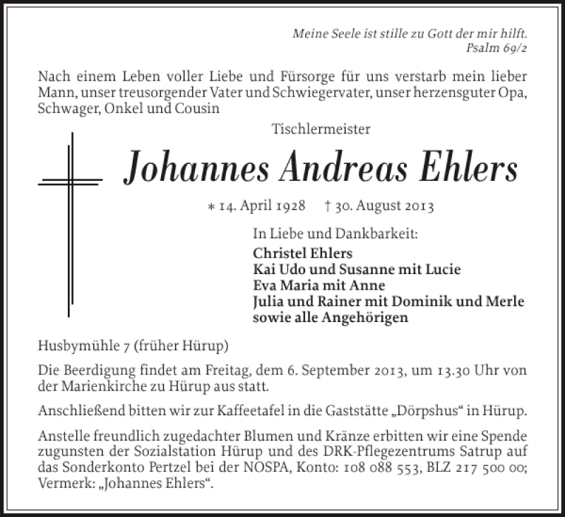 Traueranzeige für Johannes Andreas Ehlers vom 03.09.2013 aus Flensburger Tageblatt