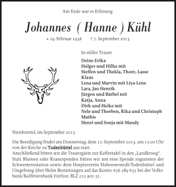 Traueranzeige von Johannes Hanne Kühl von Landeszeitung
