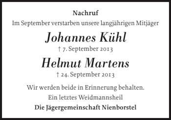 Traueranzeige von Johannes Kühl Helmut Martens von Landeszeitung