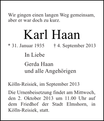 Traueranzeige von Karl Haan von Elmshorner Nachrichten
