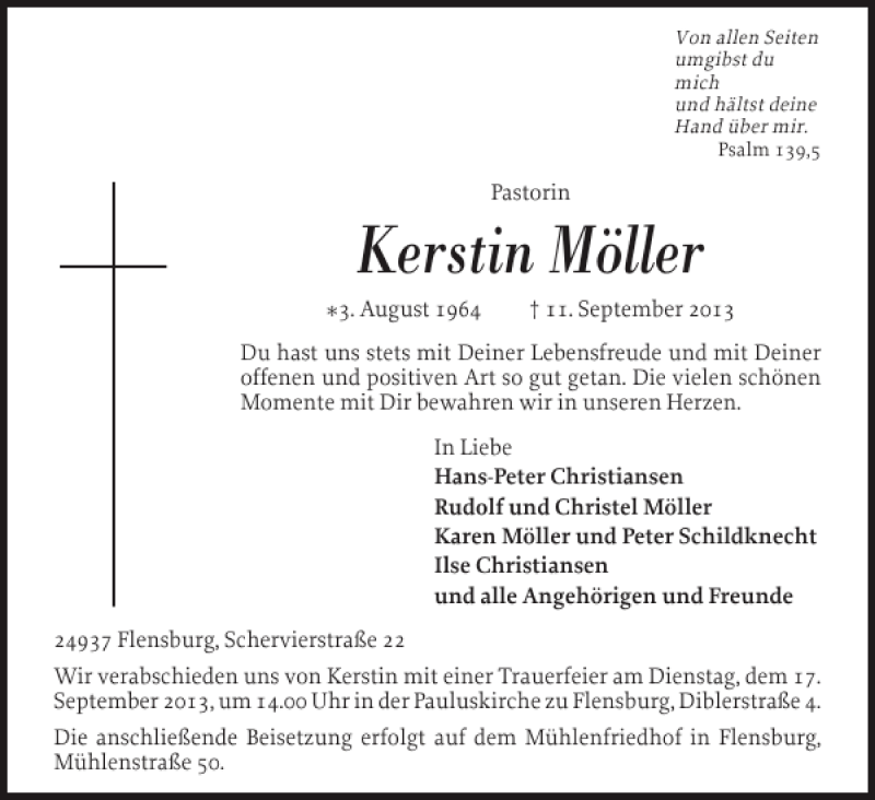  Traueranzeige für Kerstin Möller vom 14.09.2013 aus Flensburger Tageblatt