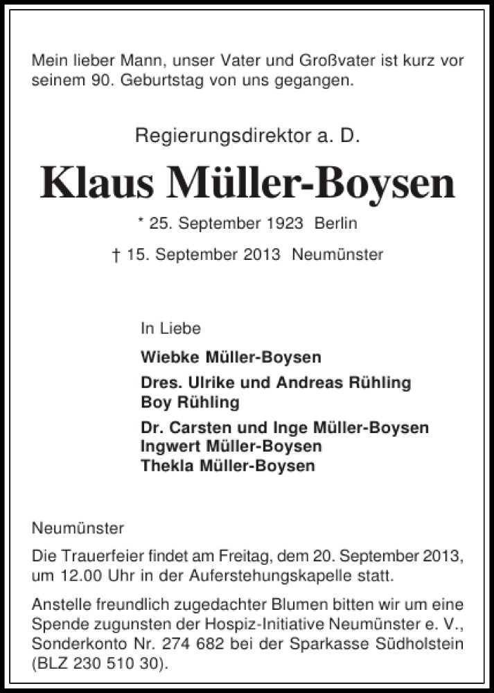  Traueranzeige für Klaus Müller-Boysen vom 18.09.2013 aus Holsteinischer Courier