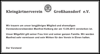 Traueranzeige von Kleingärtnerverein Großhansdorf e.V von Stormarner Tageblatt