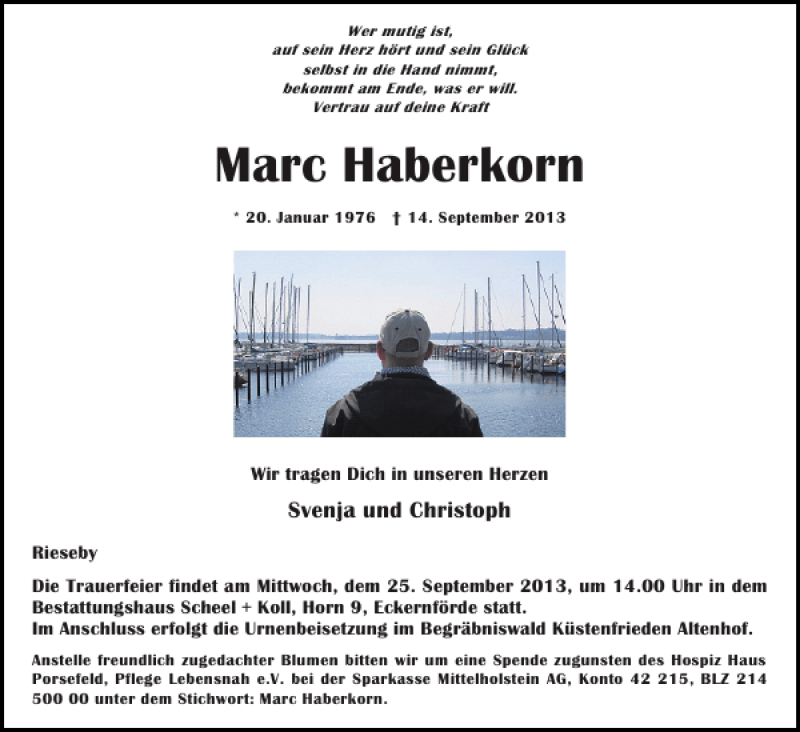  Traueranzeige für Marc Haberkorn vom 18.09.2013 aus Eckernförder Zeitung