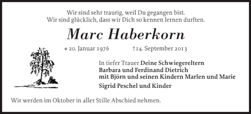 Traueranzeige für Marc Haberkorn vom 18.09.2013 aus Eckernförder Zeitung