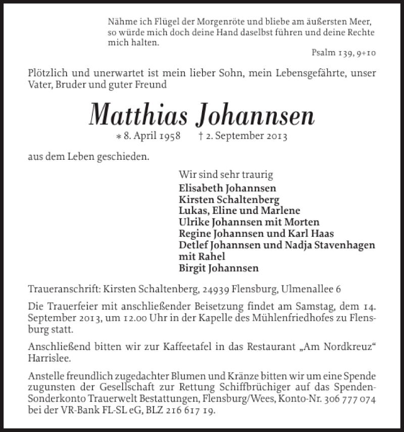  Traueranzeige für Matthias Johannsen vom 10.09.2013 aus Flensburger Tageblatt
