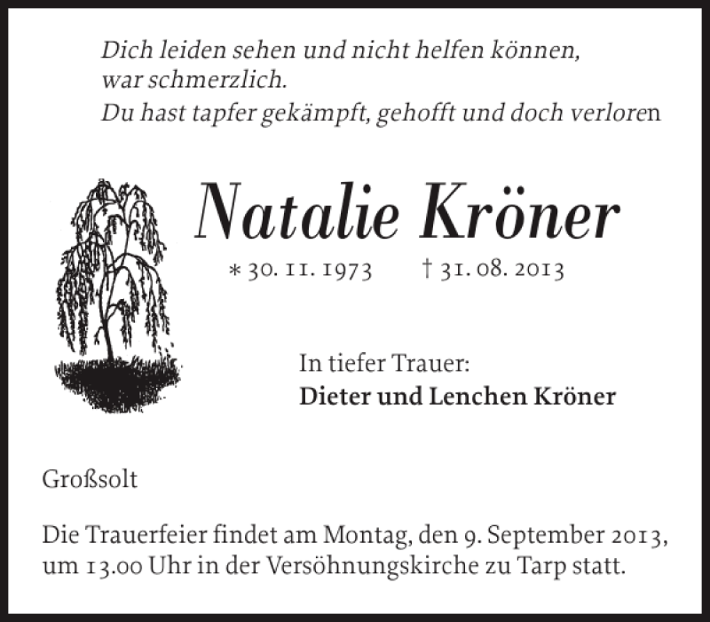  Traueranzeige für Natalie Kröner vom 04.09.2013 aus Flensburger Tageblatt