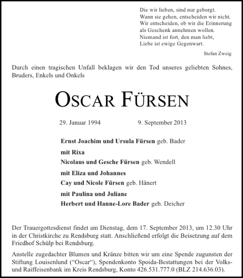  Traueranzeige für OSCAR FÜRSEN vom 14.09.2013 aus Landeszeitung