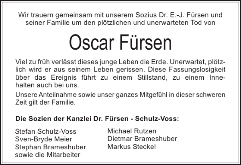  Traueranzeige für Oscar Fürsen vom 14.09.2013 aus Landeszeitung