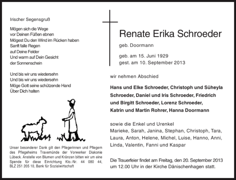  Traueranzeige für Renate Erika Schroeder vom 14.09.2013 aus Norddeutsche Rundschau